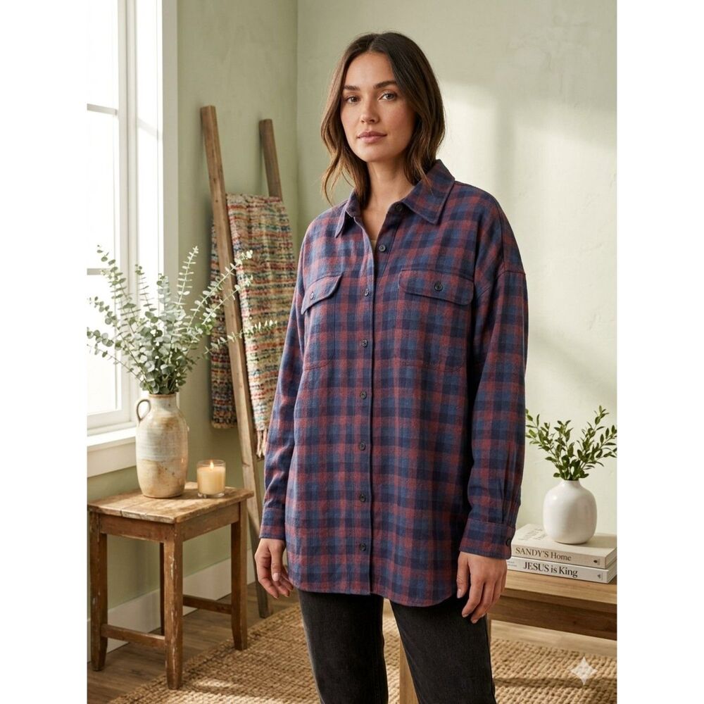 Lee Frontier Shirt Womens XL Blue Red Plaid Button Up 2 Pocket Long Sleeve
